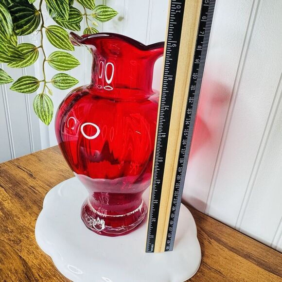 Vintage Ruby Red Glass Vase Bowl Ruffled Ribbed Melon Heavy BEAUTIFUL 9.25” - Picture 10 of 11